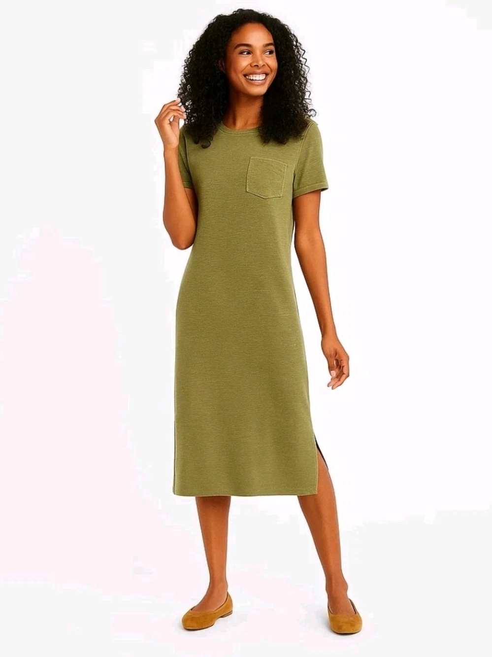 Jessica Simpson Olive Green Short-Sleeve Midi Dress with Chest Pocket